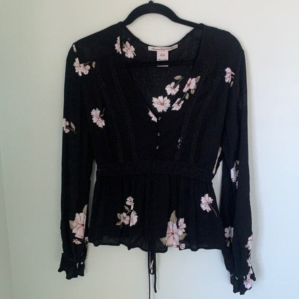American Rag Tie Back Medium Floral Long Sleeves Blouse - XS